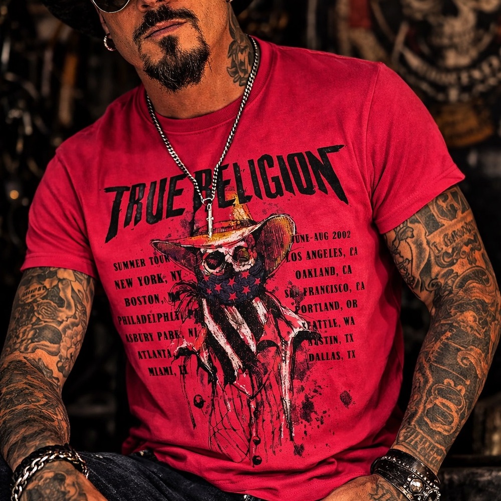 True Religion‎ Skull Cowboy Tour Graphic T Shirt Mens M Red Vintage Style Band
